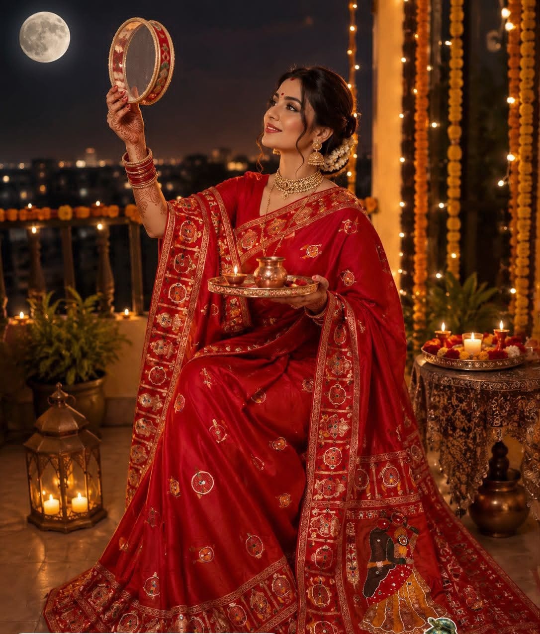 SM Karwa Chauth Special Dola Viscose Meena Weaving Saree with Hand Mirror Work
