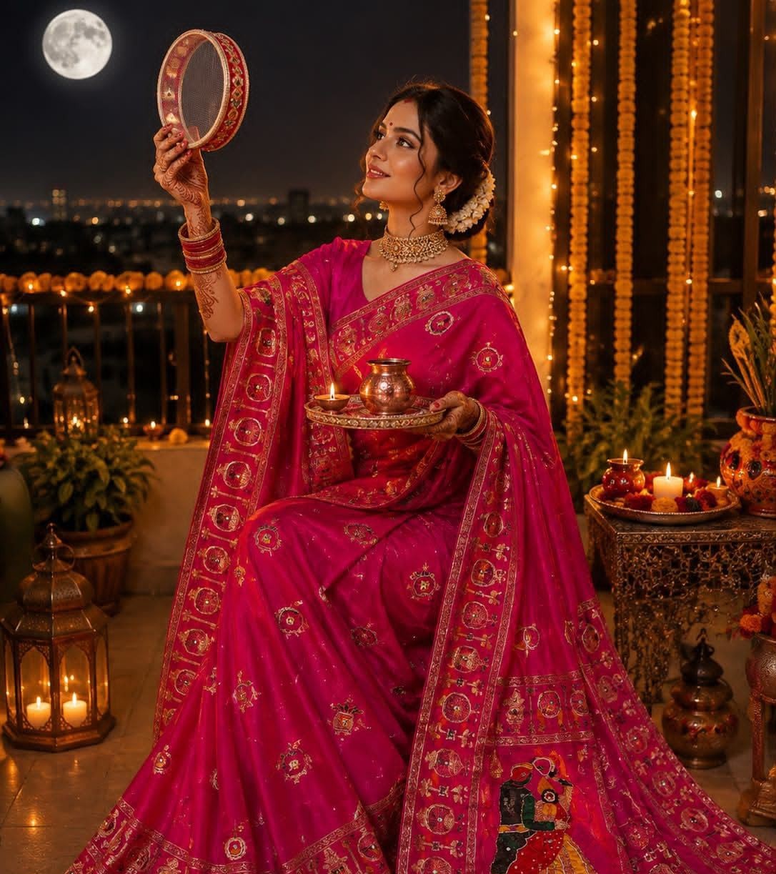 SM Karwa Chauth Special Dola Viscose Meena Weaving Saree with Hand Mirror Work