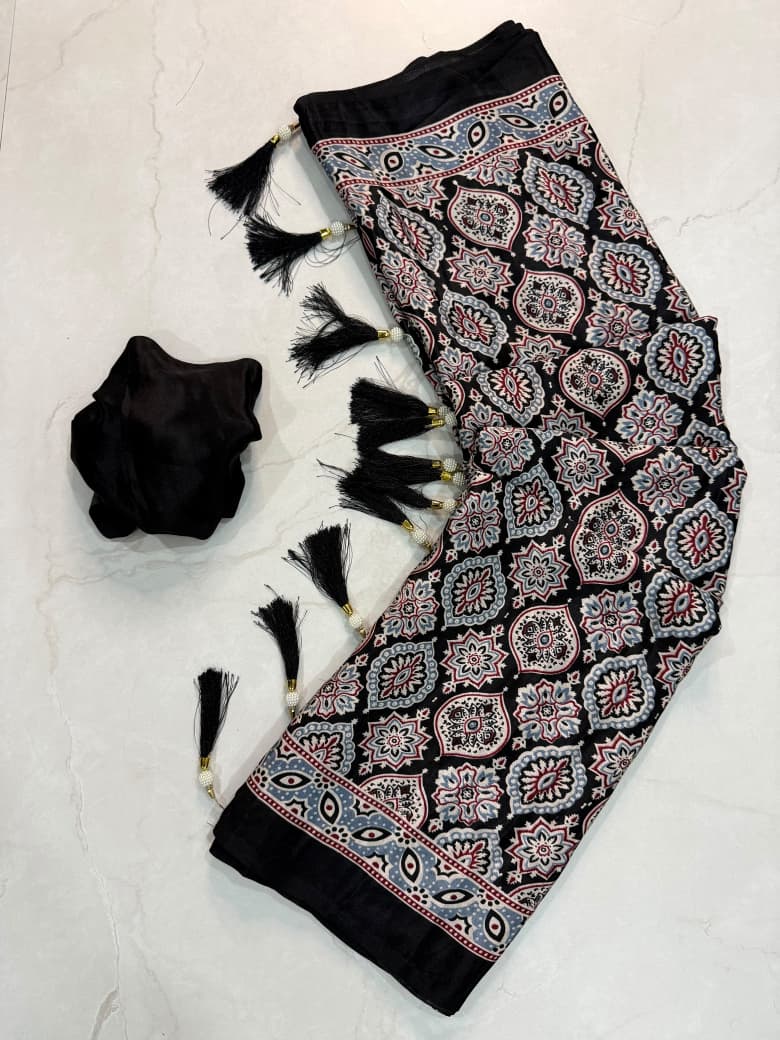 SM Super Ajrakh Pure Crepe Silk Festive Saree with Traditional Printed Blouse