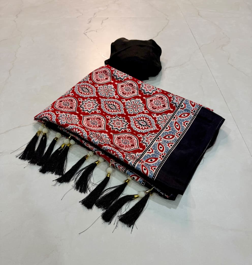 SM Super Ajrakh Pure Crepe Silk Festive Saree with Traditional Printed Blouse