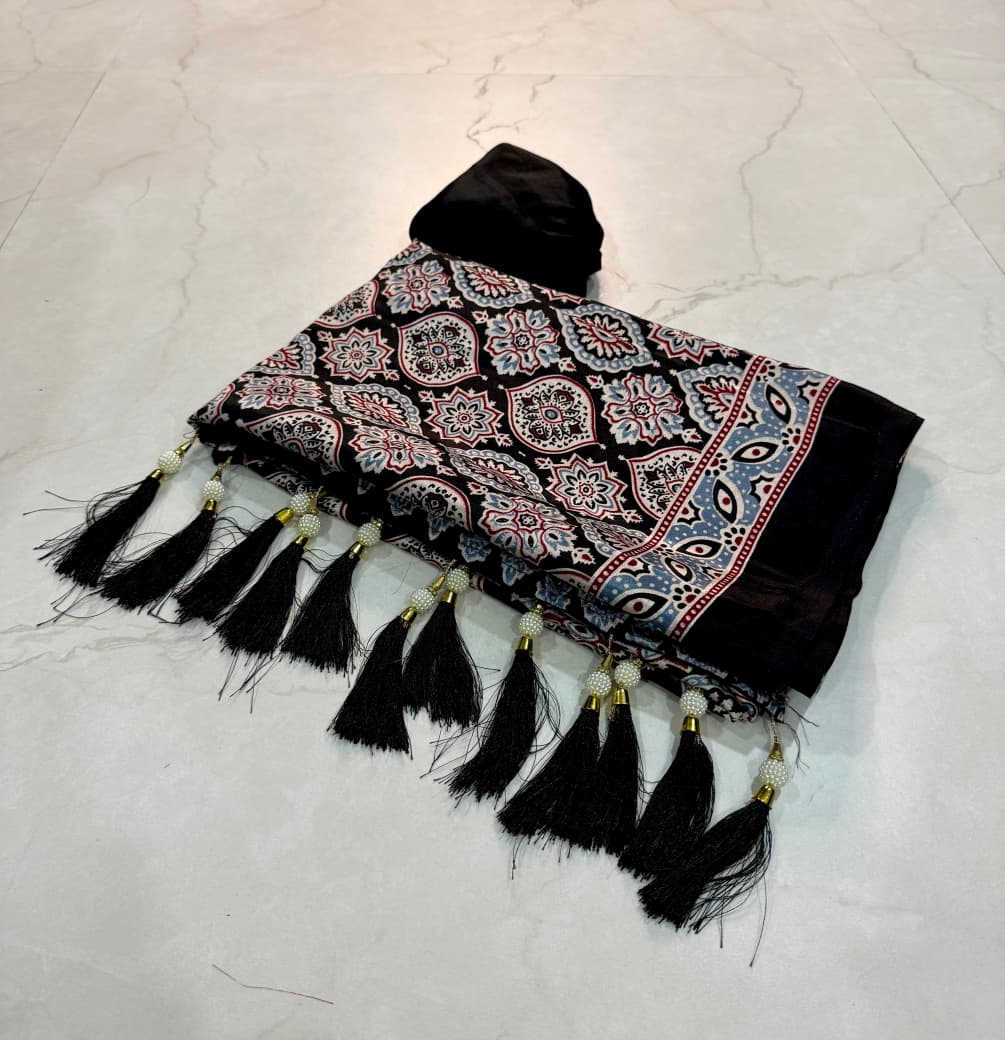 SM Super Ajrakh Pure Crepe Silk Festive Saree with Traditional Printed Blouse