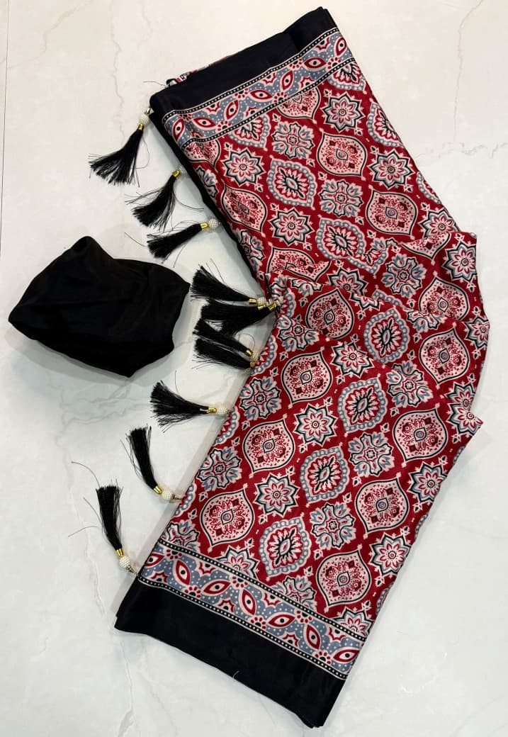 SM Super Ajrakh Pure Crepe Silk Festive Saree with Traditional Printed Blouse