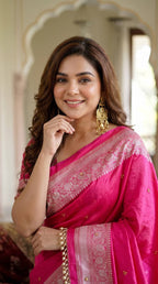 SM Designer Printed Soft Chinon Saree with Ghungroo & Latkan Lace Border
