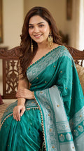SM Designer Printed Soft Chinon Saree with Ghungroo & Latkan Lace Border
