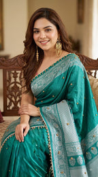 SM Designer Printed Soft Chinon Saree with Ghungroo & Latkan Lace Border