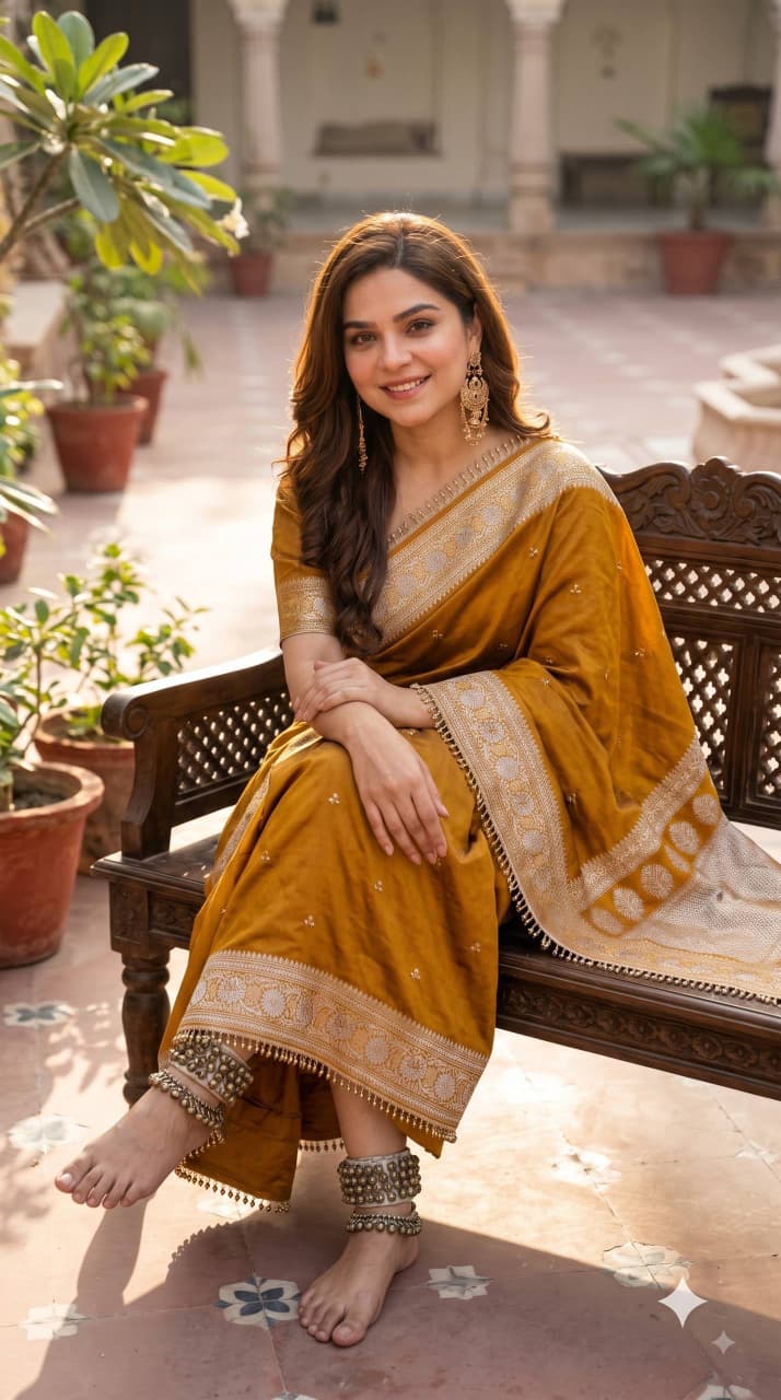 SM Designer Printed Soft Chinon Saree with Ghungroo & Latkan Lace Border