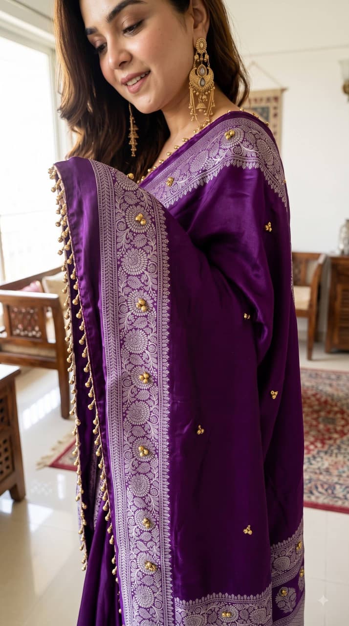 SM Designer Printed Soft Chinon Saree with Ghungroo & Latkan Lace Border
