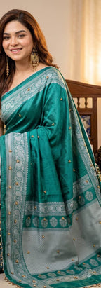 SM Designer Printed Soft Chinon Saree with Ghungroo & Latkan Lace Border