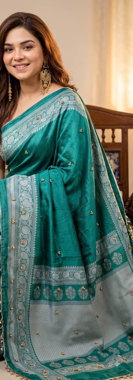 SM Designer Printed Soft Chinon Saree with Ghungroo & Latkan Lace Border