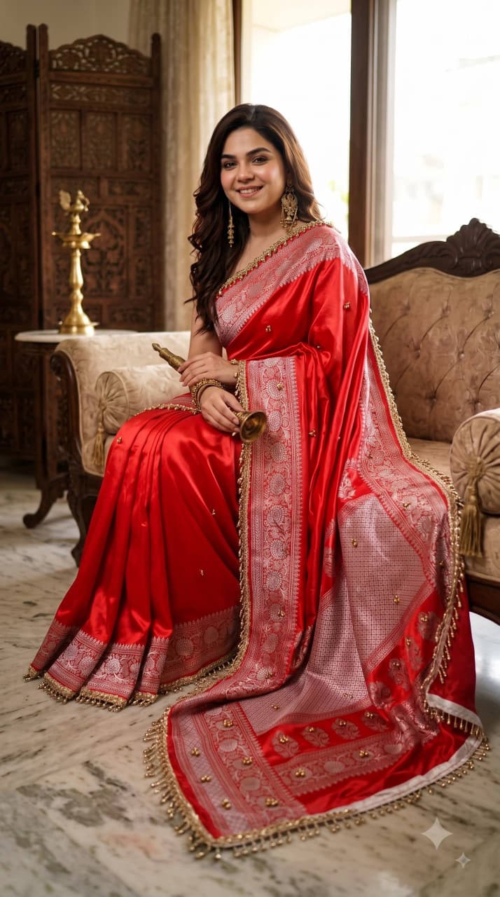 SM Designer Printed Soft Chinon Saree with Ghungroo & Latkan Lace Border