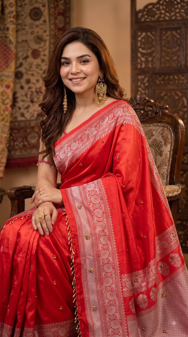 SM Designer Printed Soft Chinon Saree with Ghungroo & Latkan Lace Border