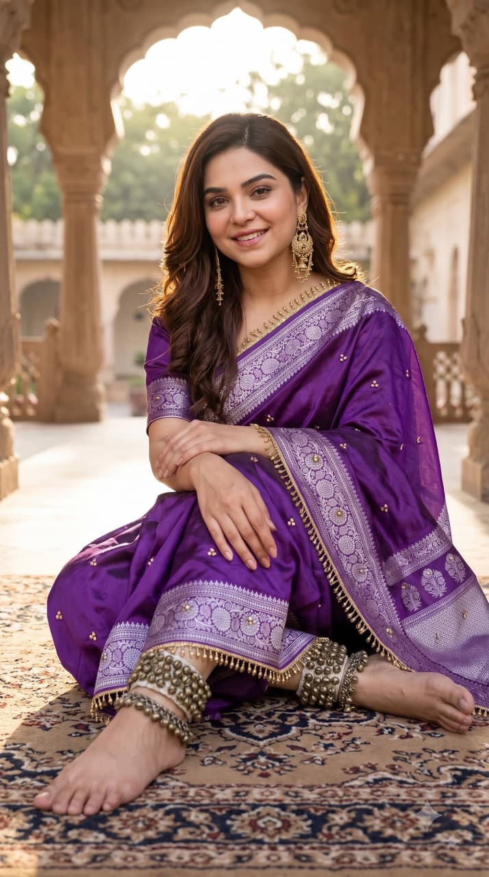 SM Designer Printed Soft Chinon Saree with Ghungroo & Latkan Lace Border