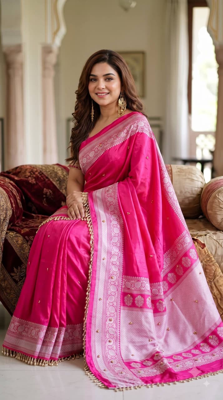 SM Designer Printed Soft Chinon Saree with Ghungroo & Latkan Lace Border