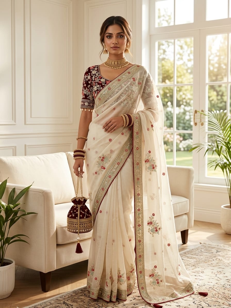 SM Designer Fendy Satin Saree with Heavy 3mm Sequence Pallu, All-Over Butties & Ready-to-Wear Blouse