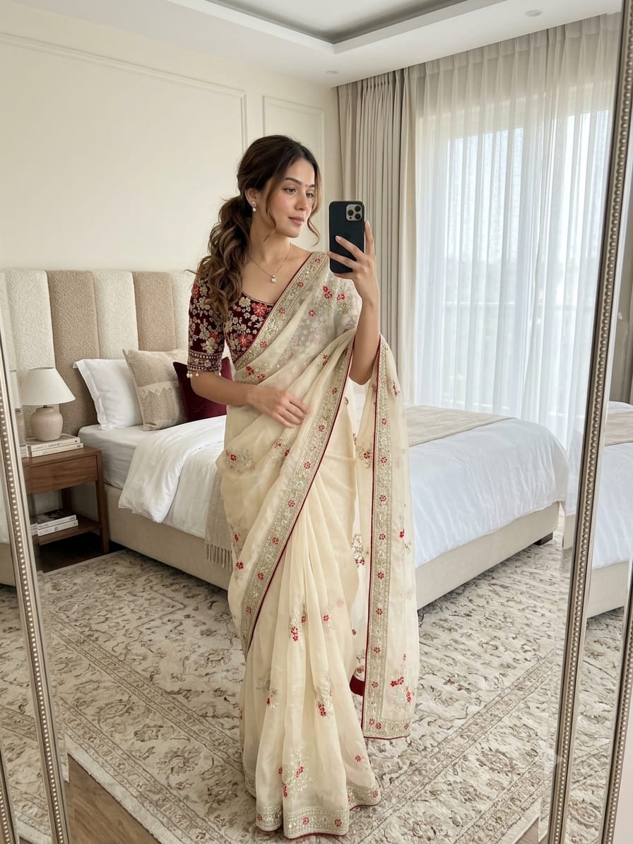 SM Designer Fendy Satin Saree with Heavy 3mm Sequence Pallu, All-Over Butties & Ready-to-Wear Blouse
