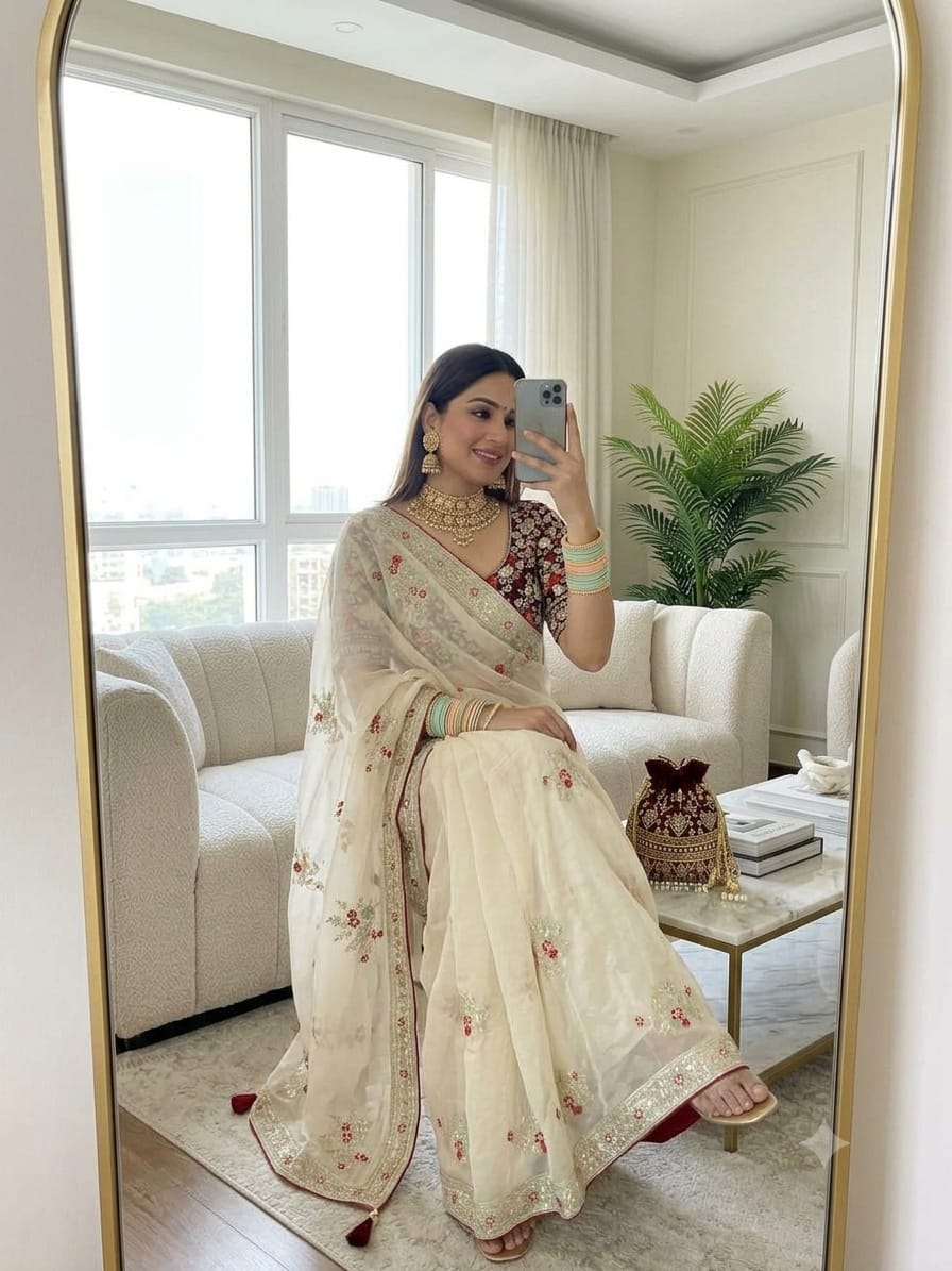SM Designer Fendy Satin Saree with Heavy 3mm Sequence Pallu, All-Over Butties & Ready-to-Wear Blouse