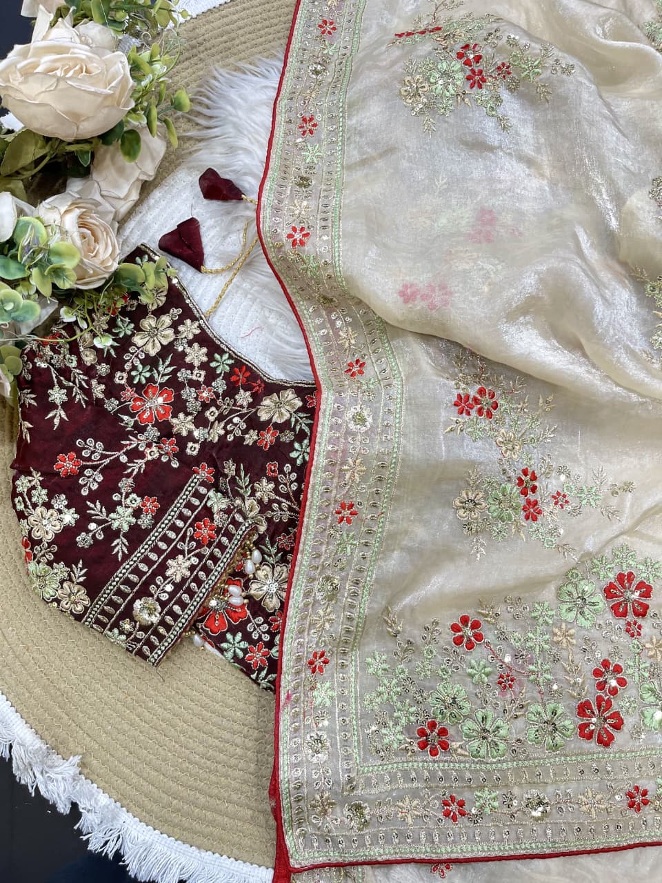 SM Designer Fendy Satin Saree with Heavy 3mm Sequence Pallu, All-Over Butties & Ready-to-Wear Blouse