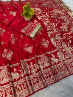SM Organic Banarasi Satin Silk Saree with Rich Gold Zari Weaving Pallu & Handcrafted Ghunghroo Work