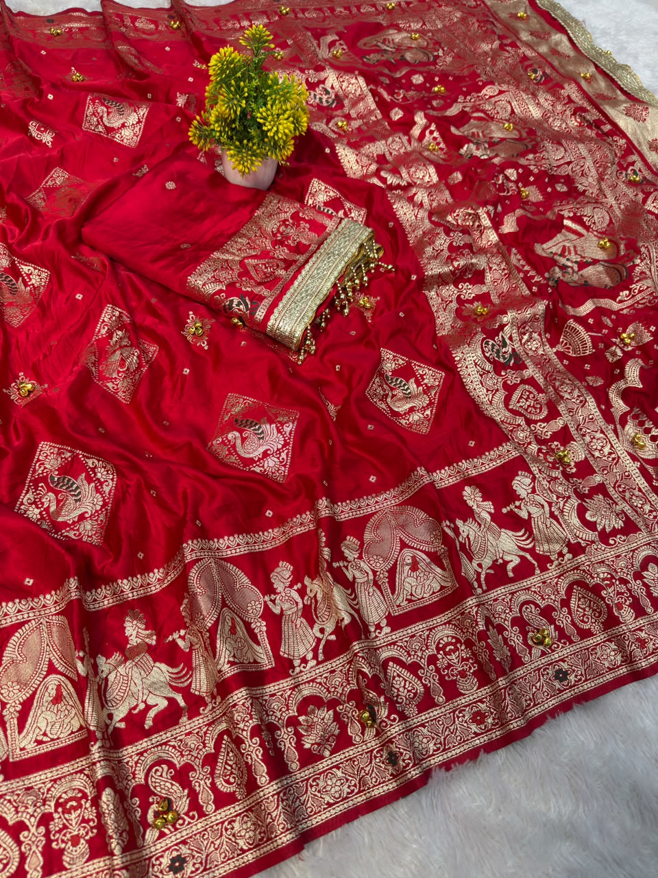 SM Organic Banarasi Satin Silk Saree with Rich Gold Zari Weaving Pallu & Handcrafted Ghunghroo Work