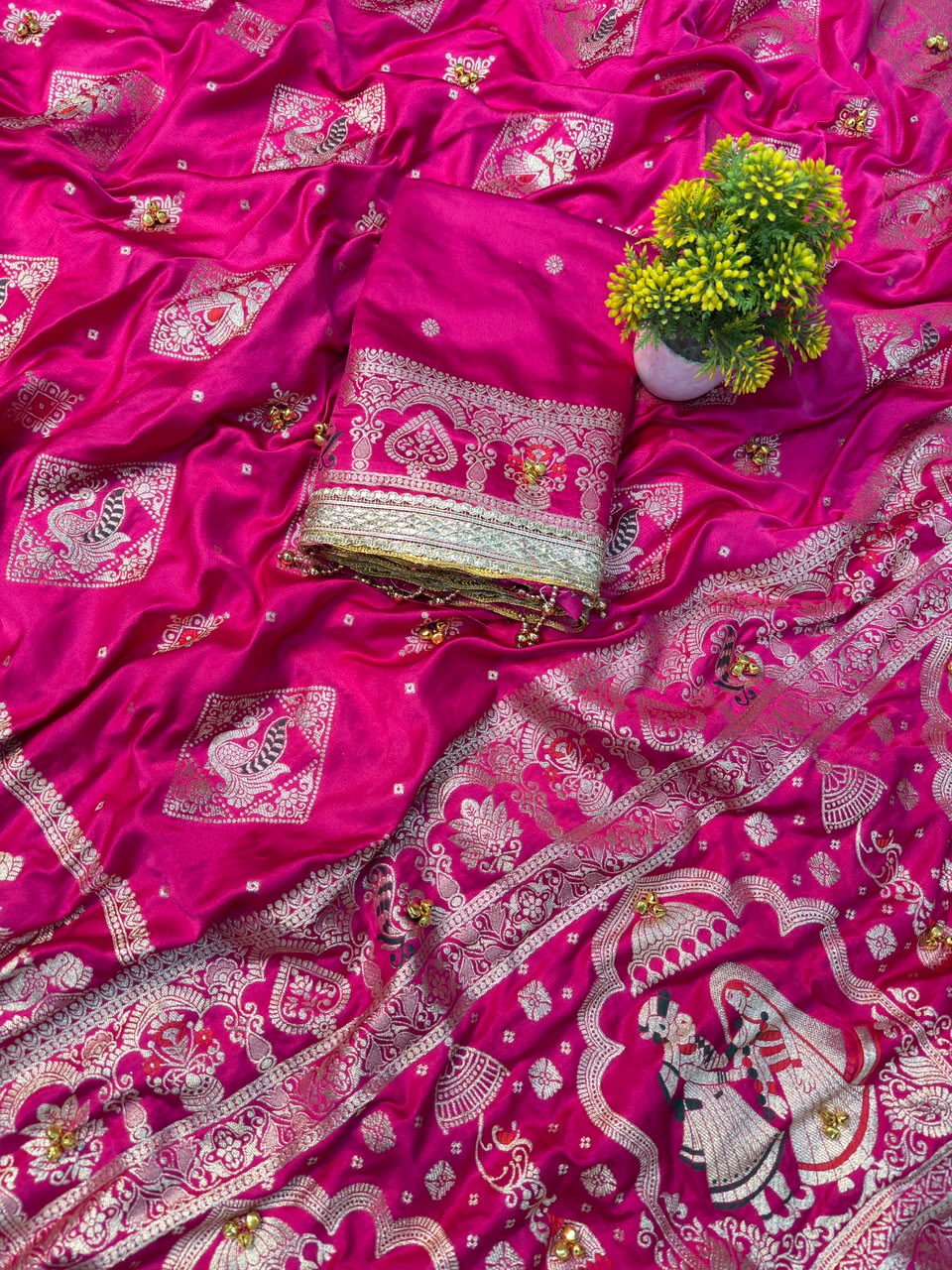 SM Organic Banarasi Satin Silk Saree with Rich Gold Zari Weaving Pallu & Handcrafted Ghunghroo Work
