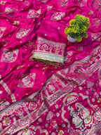 SM Organic Banarasi Satin Silk Saree with Rich Gold Zari Weaving Pallu & Handcrafted Ghunghroo Work
