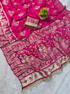 SM Organic Banarasi Satin Silk Saree with Rich Gold Zari Weaving Pallu & Handcrafted Ghunghroo Work