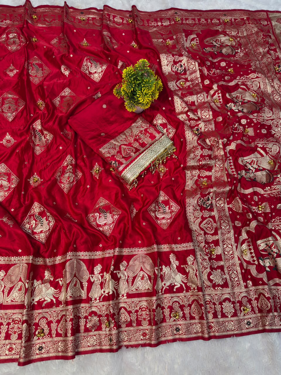 SM Organic Banarasi Satin Silk Saree with Rich Gold Zari Weaving Pallu & Handcrafted Ghunghroo Work