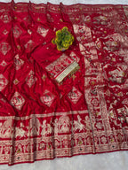 SM Organic Banarasi Satin Silk Saree with Rich Gold Zari Weaving Pallu & Handcrafted Ghunghroo Work