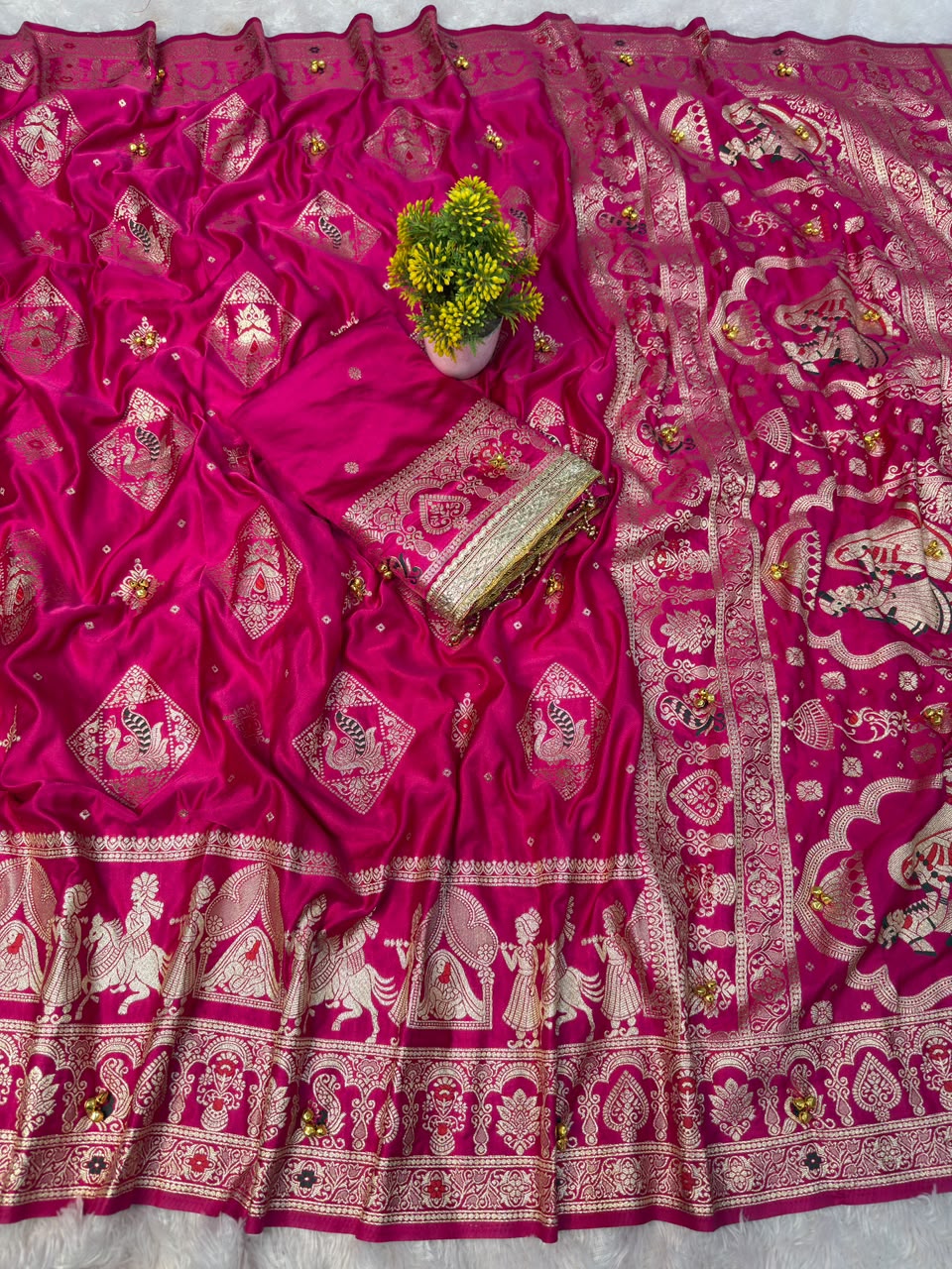 SM Organic Banarasi Satin Silk Saree with Rich Gold Zari Weaving Pallu & Handcrafted Ghunghroo Work