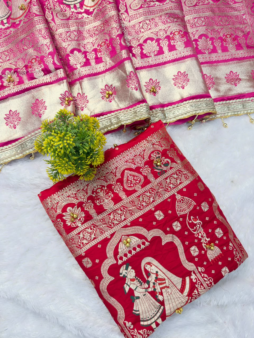 SM Organic Banarasi Satin Silk Saree with Rich Gold Zari Weaving Pallu & Handcrafted Ghunghroo Work