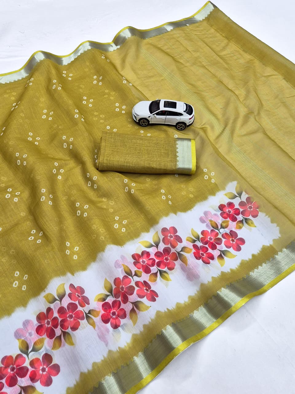 SM Designer Digital Printed Soft Linen Saree with Traditional Mangalagiri Border