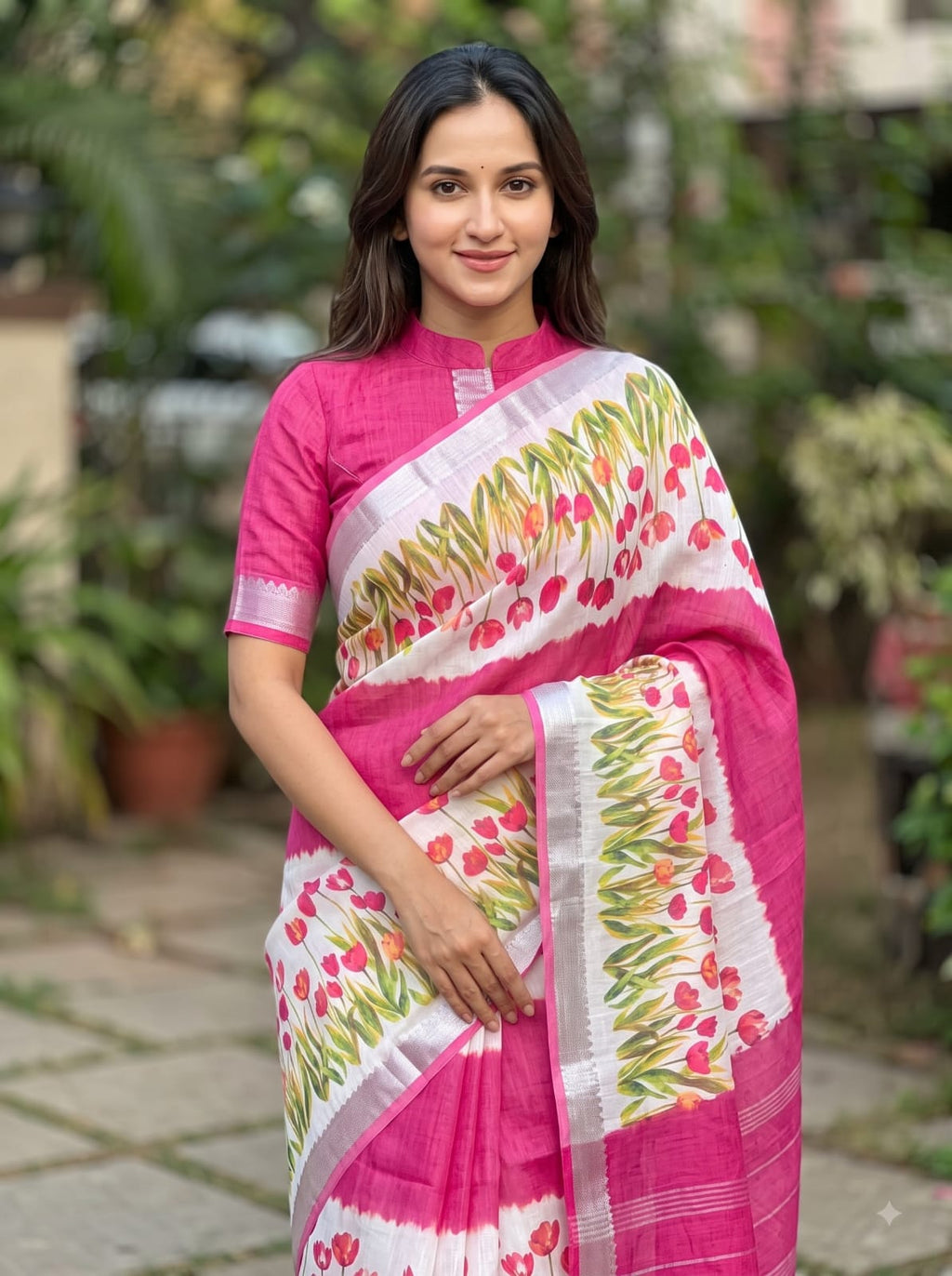 SM Designer Digital Printed Soft Linen Saree with Traditional Mangalagiri Border
