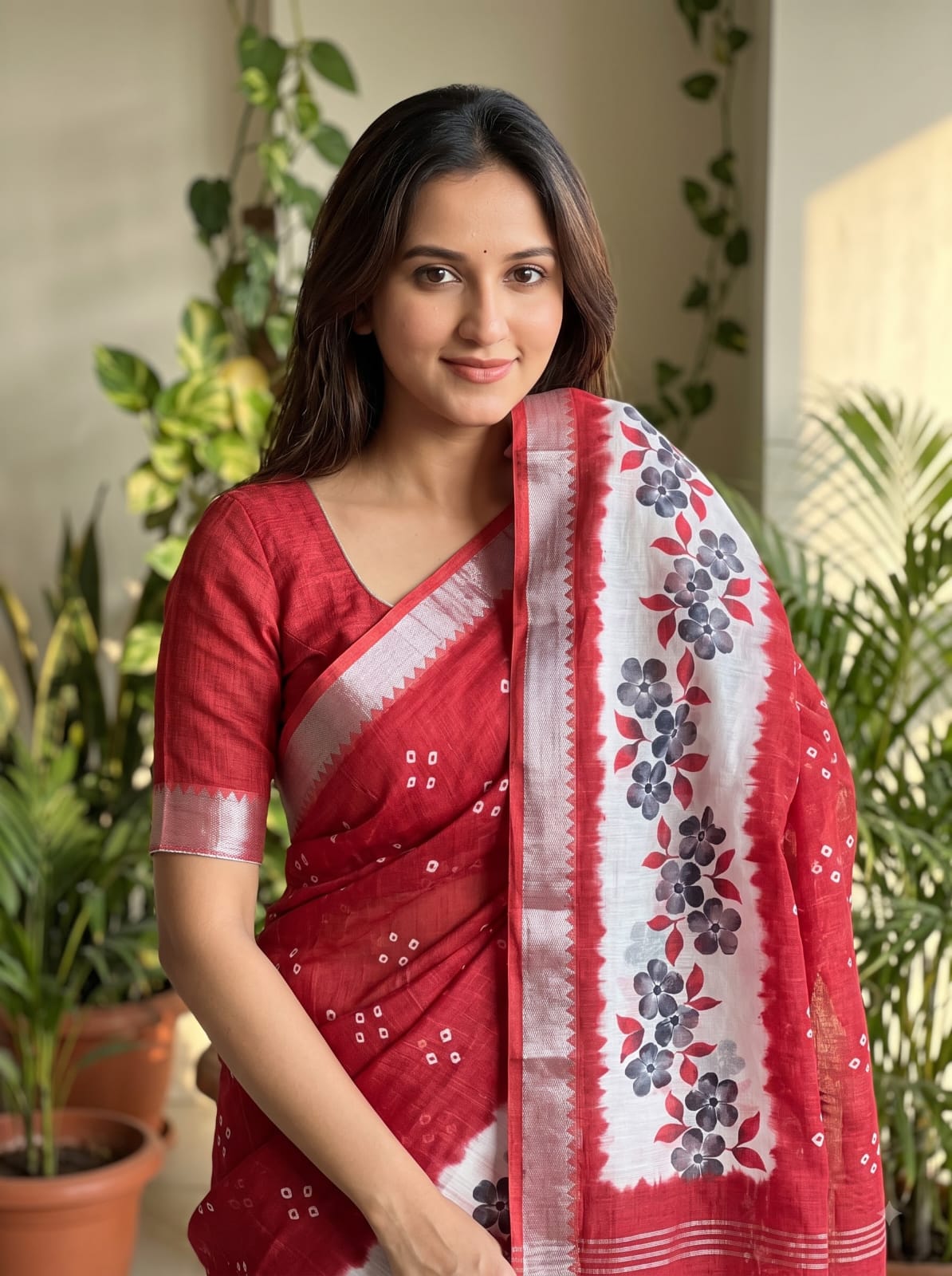 SM Designer Digital Printed Soft Linen Saree with Traditional Mangalagiri Border