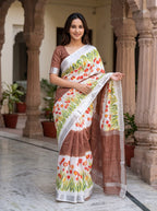 SM Designer Digital Printed Soft Linen Saree with Traditional Mangalagiri Border