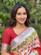 SM Designer Digital Printed Soft Linen Saree with Traditional Mangalagiri Border