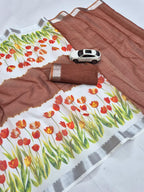 SM Designer Digital Printed Soft Linen Saree with Traditional Mangalagiri Border