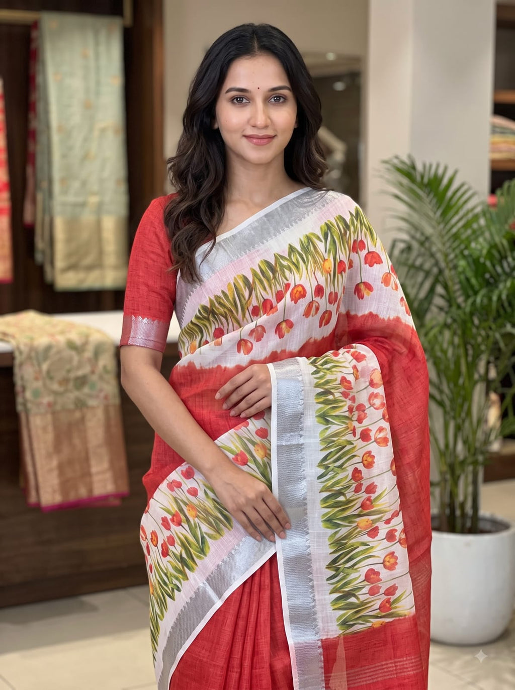 SM Designer Digital Printed Soft Linen Saree with Traditional Mangalagiri Border