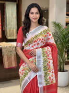 SM Designer Digital Printed Soft Linen Saree with Traditional Mangalagiri Border