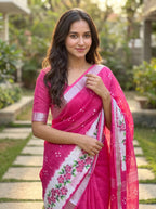 SM Designer Digital Printed Soft Linen Saree with Traditional Mangalagiri Border