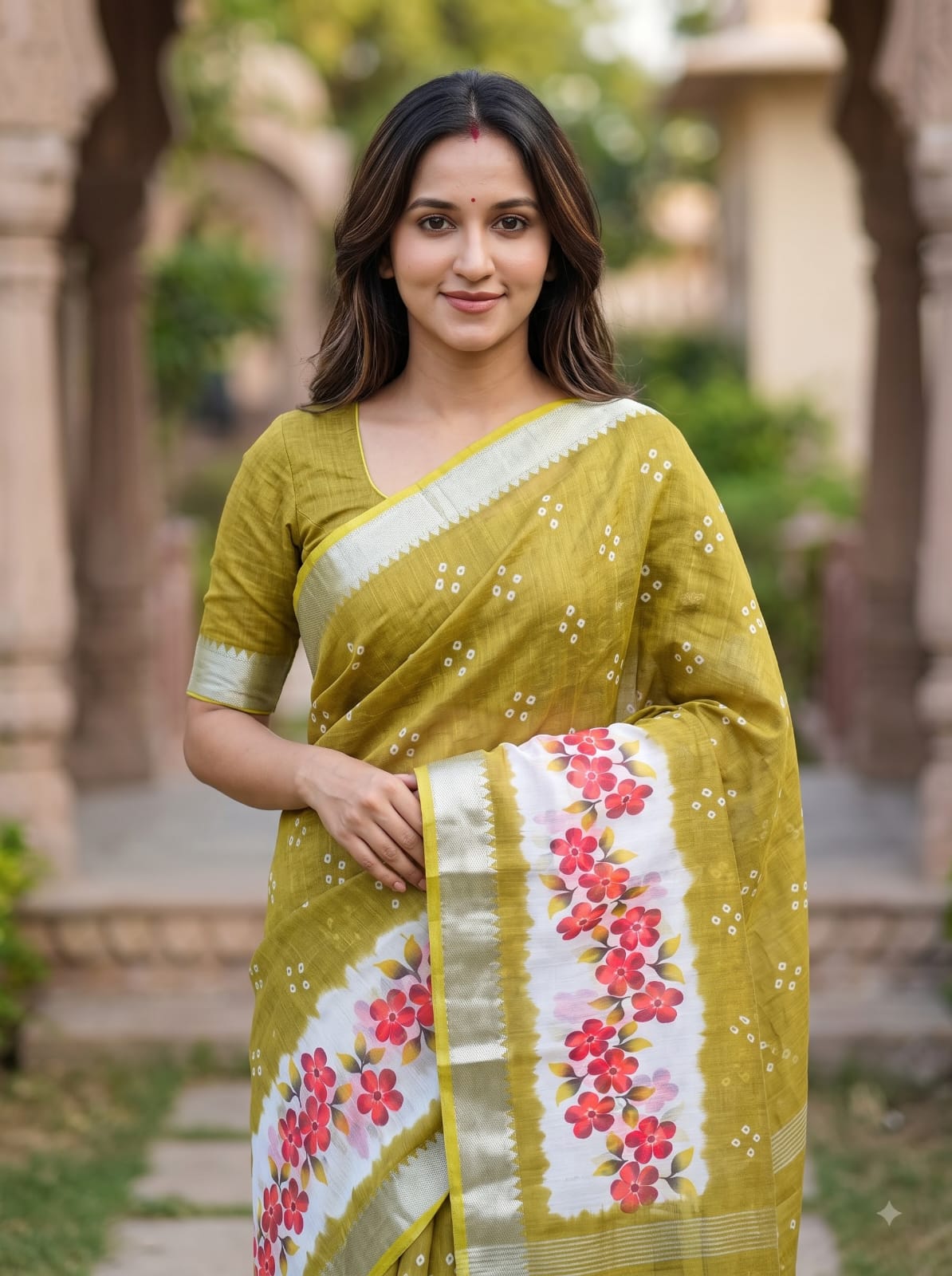 SM Designer Digital Printed Soft Linen Saree with Traditional Mangalagiri Border