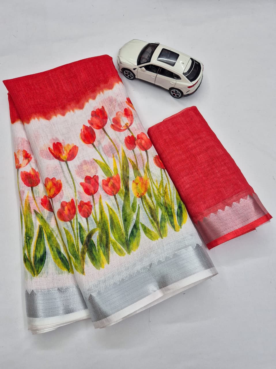 SM Designer Digital Printed Soft Linen Saree with Traditional Mangalagiri Border