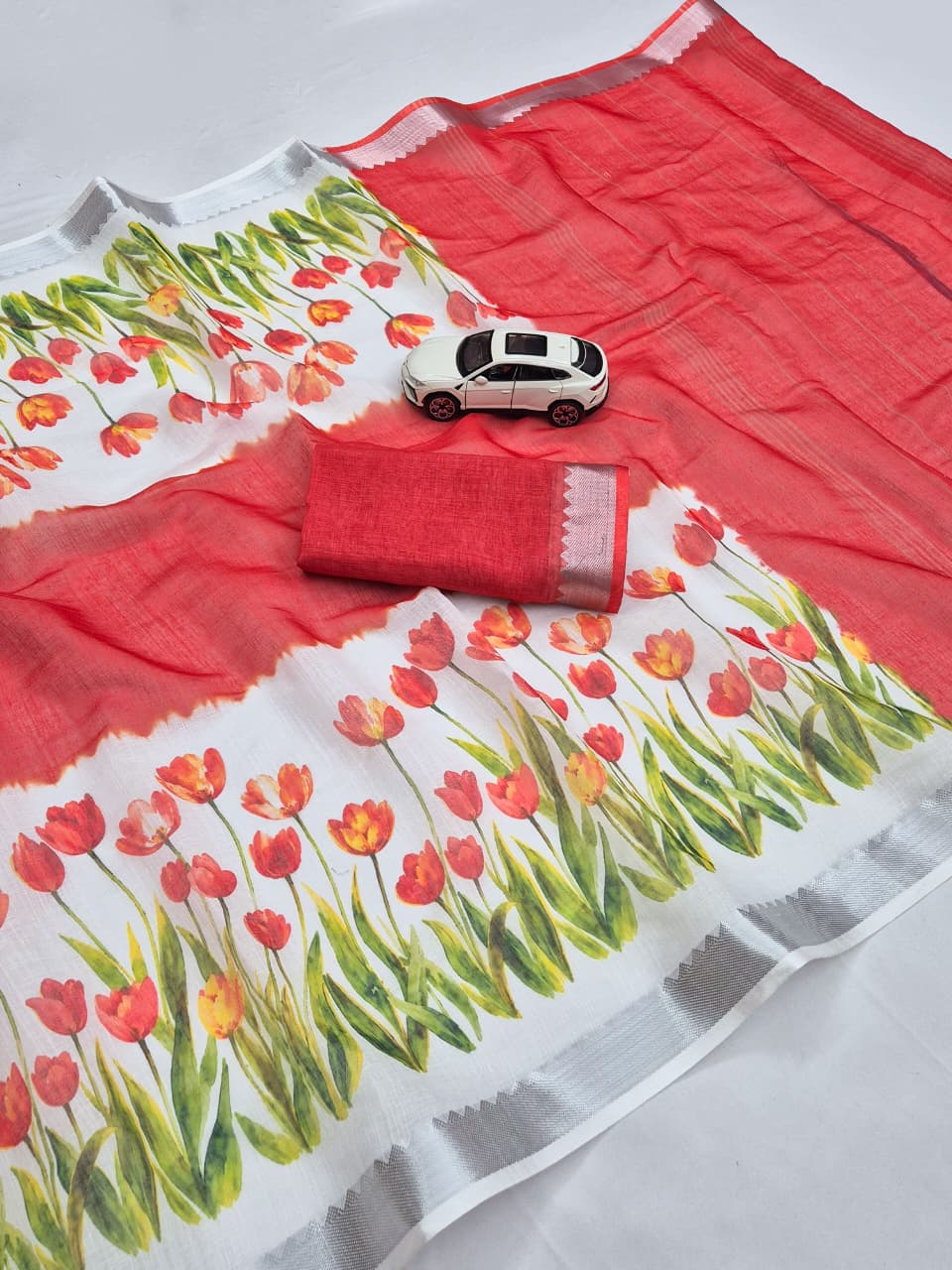 SM Designer Digital Printed Soft Linen Saree with Traditional Mangalagiri Border