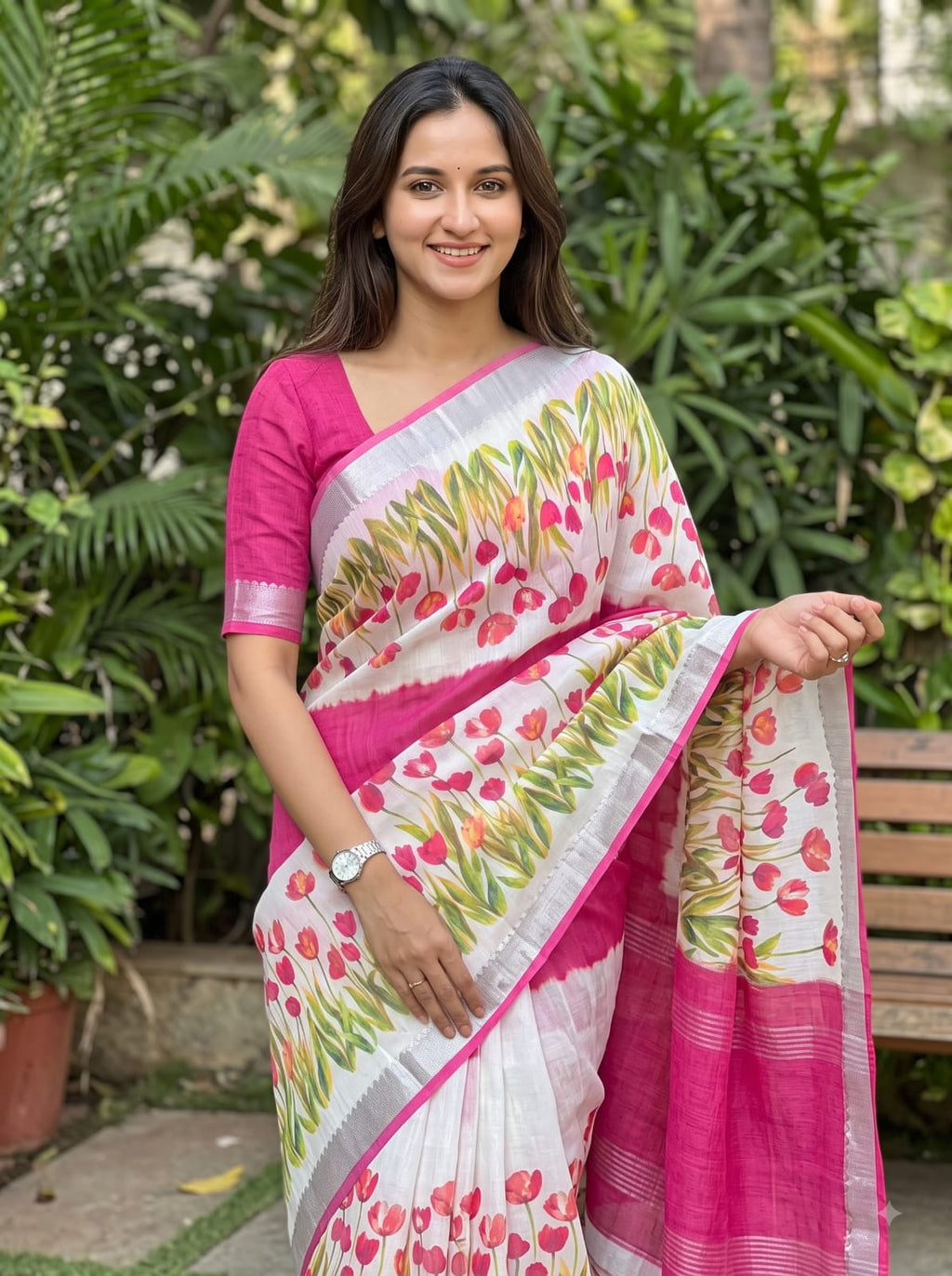 SM Designer Digital Printed Soft Linen Saree with Traditional Mangalagiri Border