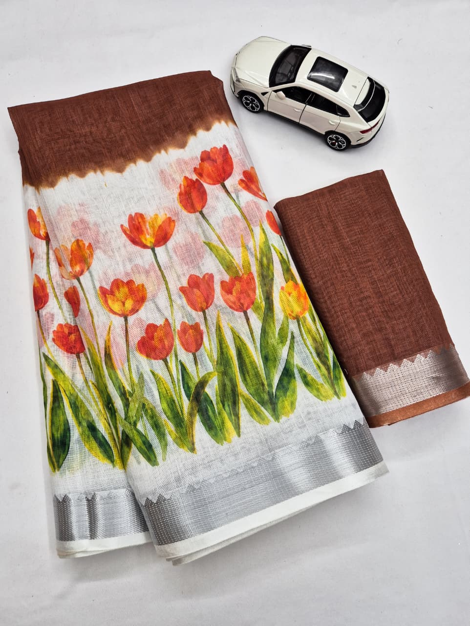 SM Designer Digital Printed Soft Linen Saree with Traditional Mangalagiri Border