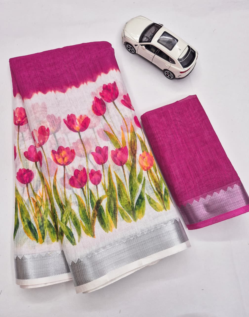 SM Designer Digital Printed Soft Linen Saree with Traditional Mangalagiri Border