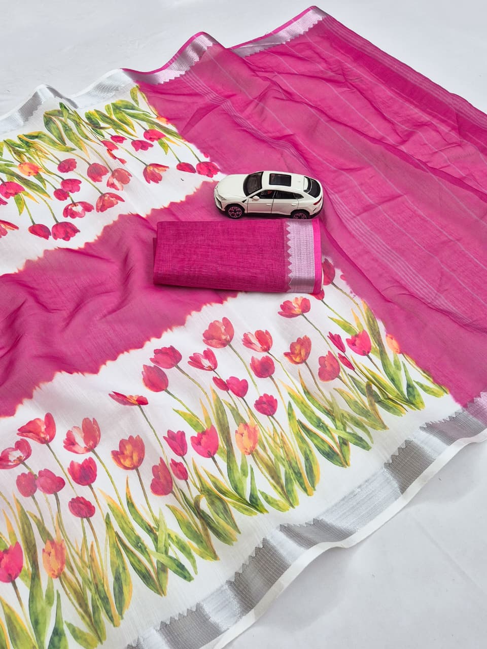 SM Designer Digital Printed Soft Linen Saree with Traditional Mangalagiri Border