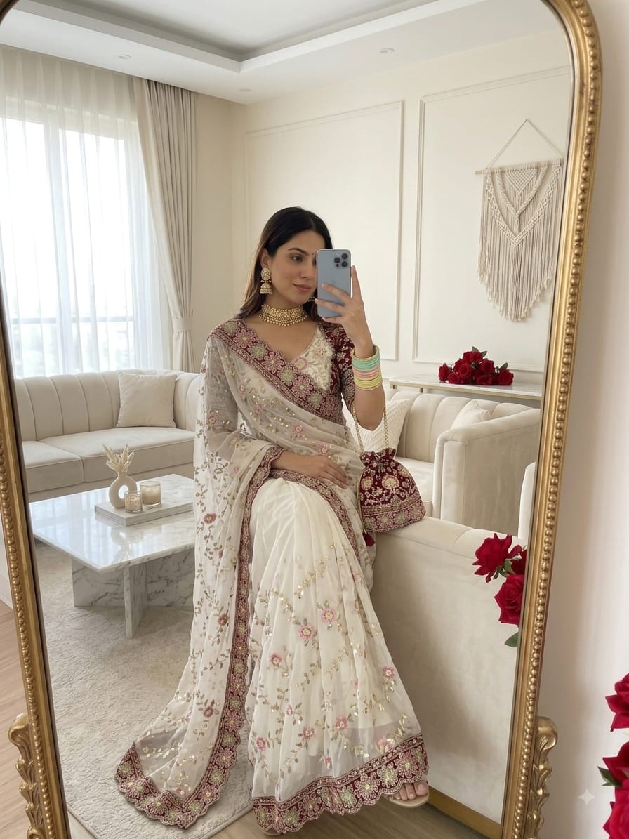 SM Jhamkudi Heavy Fendy Satin Lehariya Sequence Saree