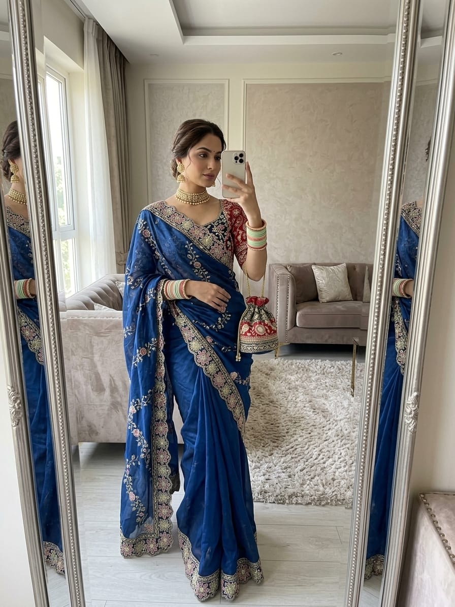 SM Jhamkudi Heavy Fendy Satin Lehariya Sequence Saree