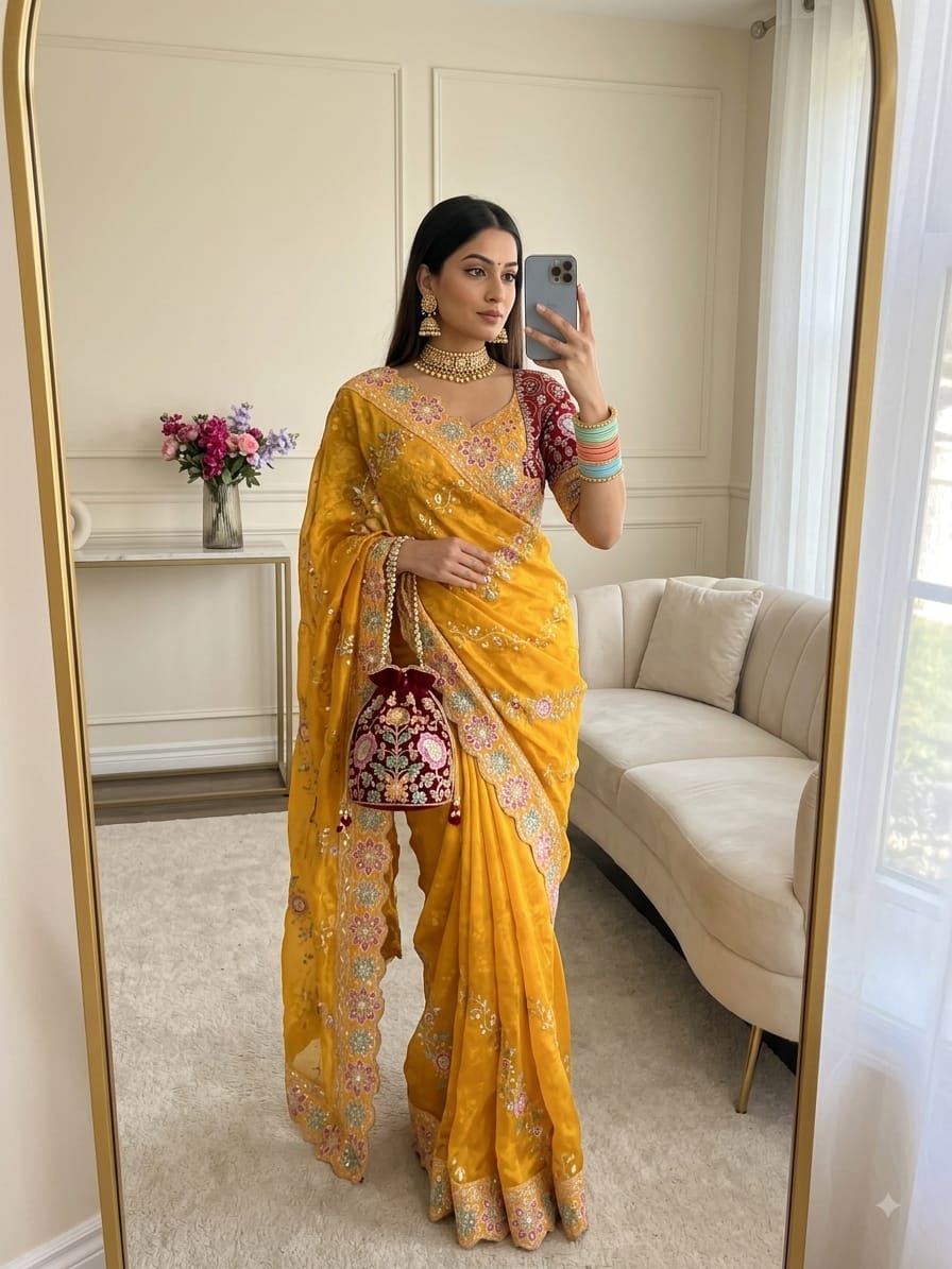 SM Jhamkudi Heavy Fendy Satin Lehariya Sequence Saree