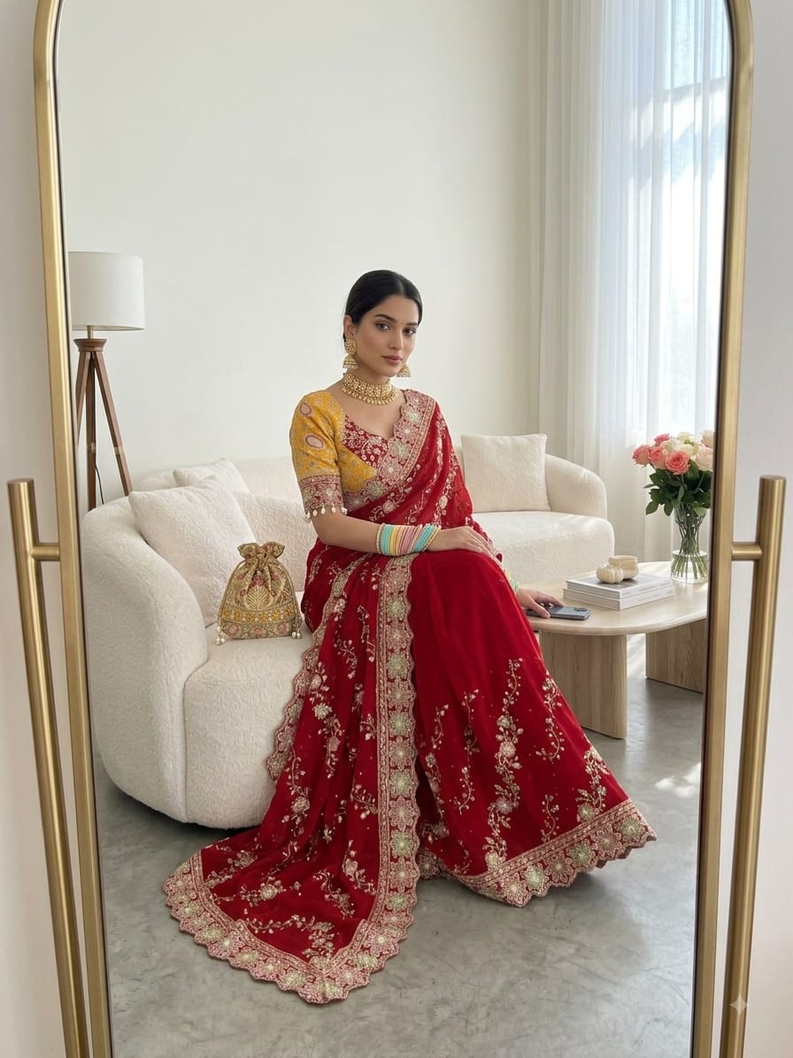 SM Jhamkudi Heavy Fendy Satin Lehariya Sequence Saree